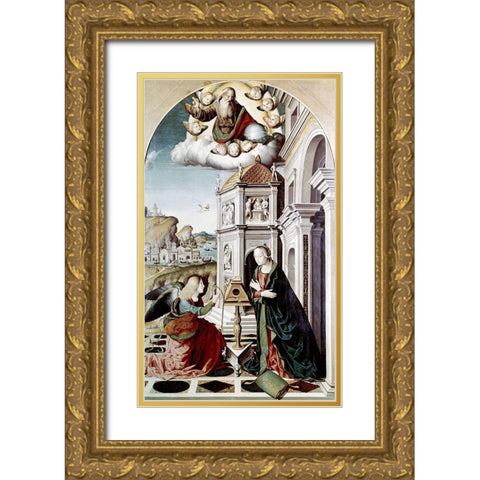 Annunciation Gold Ornate Wood Framed Art Print with Double Matting by Palmezzano, Marco
