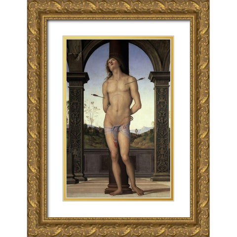 St. Sebastian Gold Ornate Wood Framed Art Print with Double Matting by Perugino, Pietro