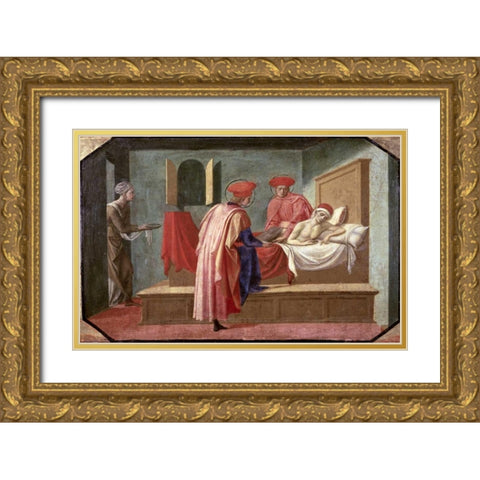 St. Cosmas and St. Damian Caring For a Patient Gold Ornate Wood Framed Art Print with Double Matting by Pesellino, Francesco