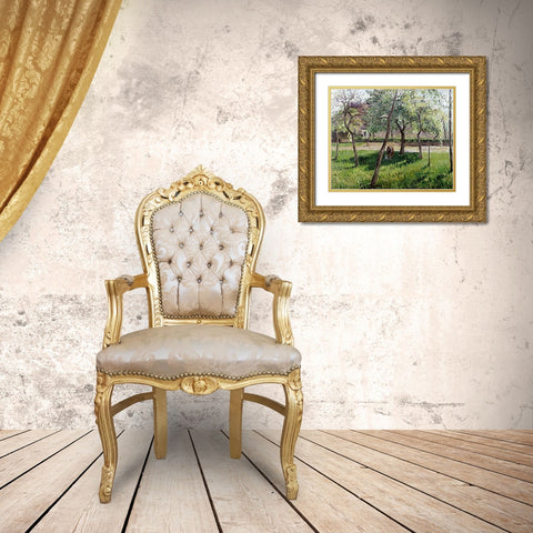An Enclosure in Eragny Gold Ornate Wood Framed Art Print with Double Matting by Pissarro, Camille