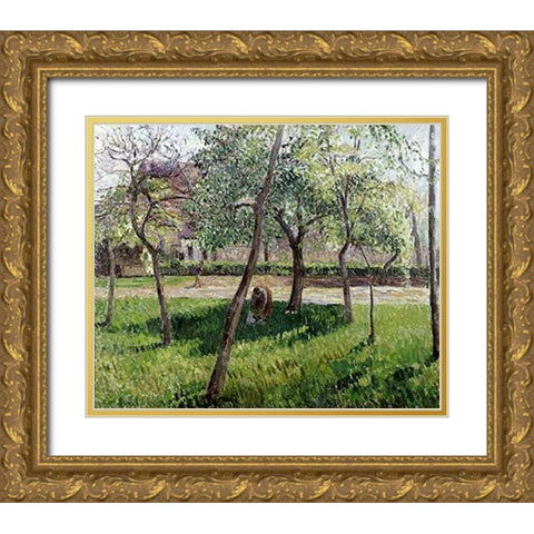 An Enclosure in Eragny Gold Ornate Wood Framed Art Print with Double Matting by Pissarro, Camille