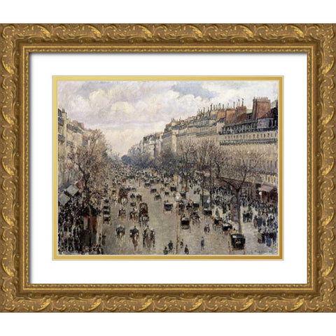 Boulevard Montmartre In Paris Gold Ornate Wood Framed Art Print with Double Matting by Pissarro, Camille