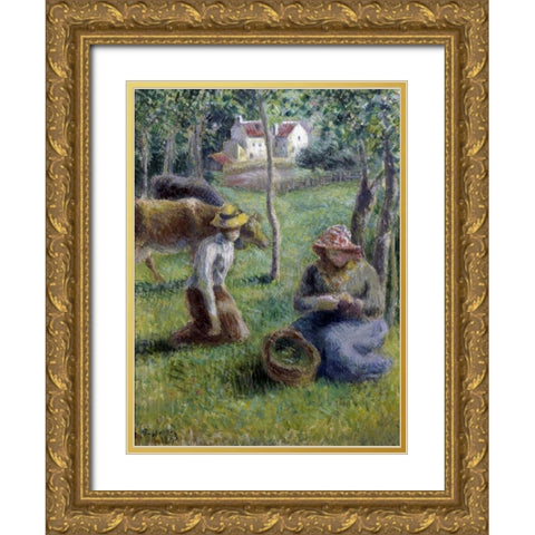 Keeper of the Cows Gold Ornate Wood Framed Art Print with Double Matting by Pissarro, Camille