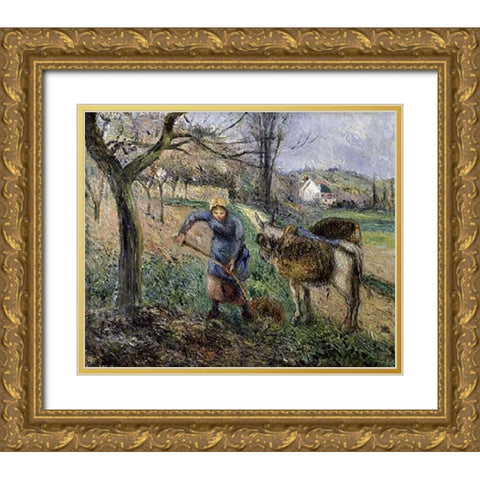 Landscape with a Donkey Gold Ornate Wood Framed Art Print with Double Matting by Pissarro, Camille