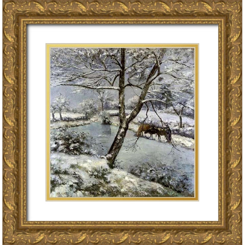 LHiver a Mouton Cault Gold Ornate Wood Framed Art Print with Double Matting by Pissarro, Camille