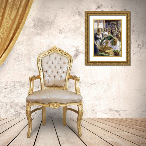 Market at Pontoise, Paris Gold Ornate Wood Framed Art Print with Double Matting by Pissarro, Camille