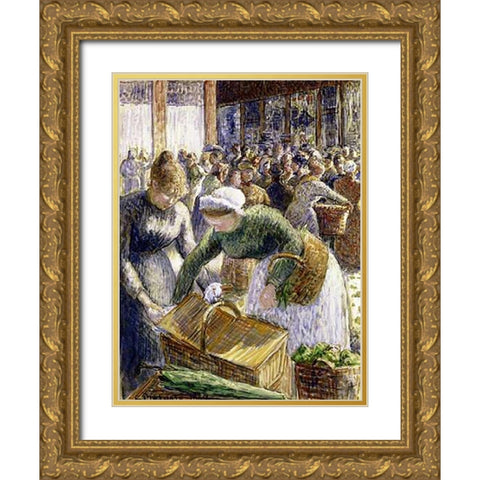Market at Pontoise, Paris Gold Ornate Wood Framed Art Print with Double Matting by Pissarro, Camille