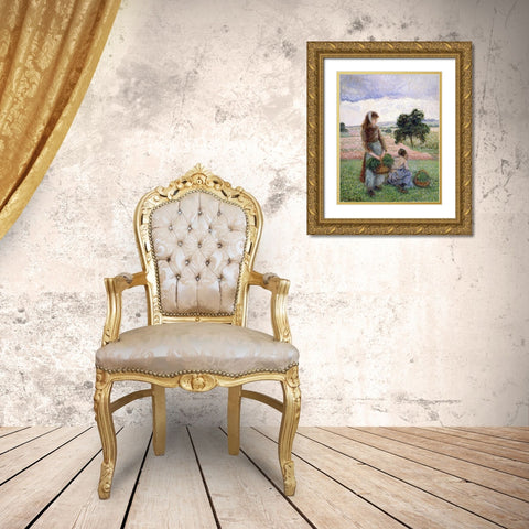 Peasants Carrying a Basket Gold Ornate Wood Framed Art Print with Double Matting by Pissarro, Camille