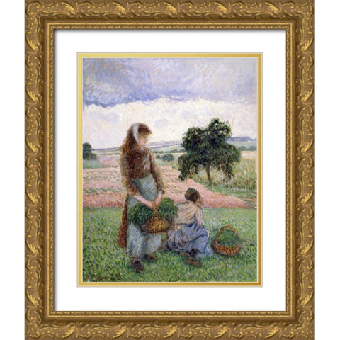Peasants Carrying a Basket Gold Ornate Wood Framed Art Print with Double Matting by Pissarro, Camille