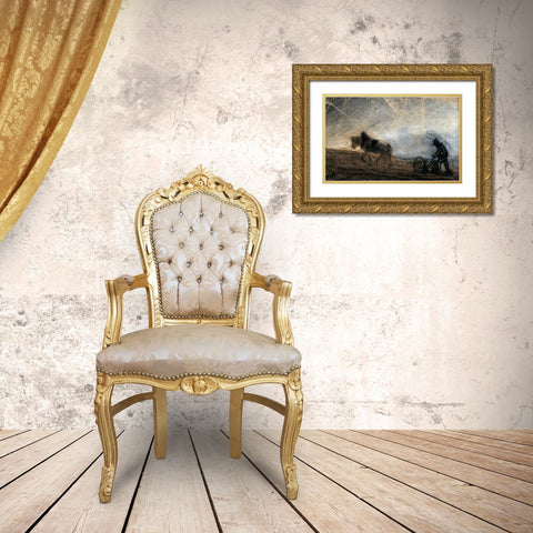 Plowman Gold Ornate Wood Framed Art Print with Double Matting by Pissarro, Camille
