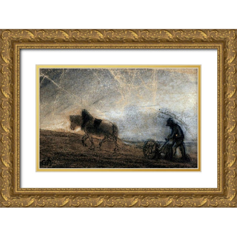 Plowman Gold Ornate Wood Framed Art Print with Double Matting by Pissarro, Camille