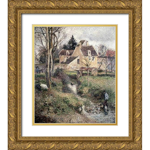 Stream at Osny Gold Ornate Wood Framed Art Print with Double Matting by Pissarro, Camille