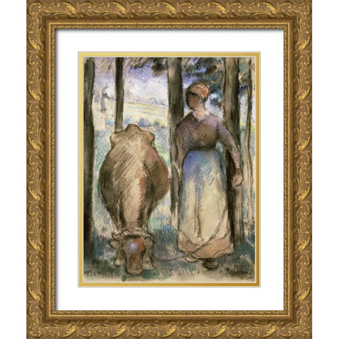 The Cowherd - La Vachere Gold Ornate Wood Framed Art Print with Double Matting by Pissarro, Camille