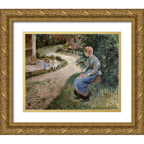 The Servant Seated in the Garden of Eragny Gold Ornate Wood Framed Art Print with Double Matting by Pissarro, Camille