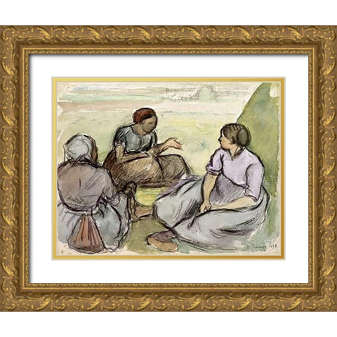 Three Peasant Women Gold Ornate Wood Framed Art Print with Double Matting by Pissarro, Camille