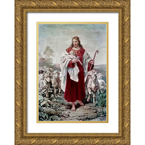 The Good Shepherd Gold Ornate Wood Framed Art Print with Double Matting by Plockhorst, Bernhard
