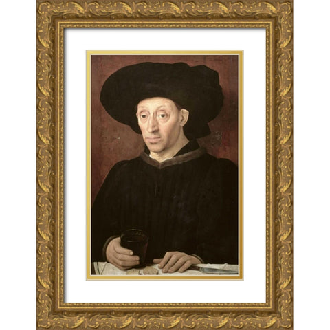 A Man With a Glass of Wine Gold Ornate Wood Framed Art Print with Double Matting by Portugese School