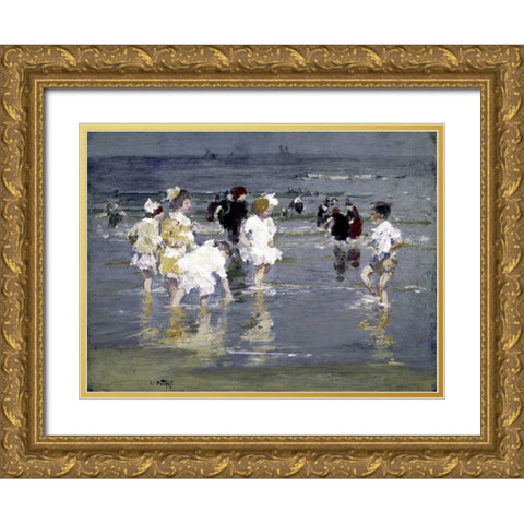 Children on the Beach Gold Ornate Wood Framed Art Print with Double Matting by Potthast, Edward Henry