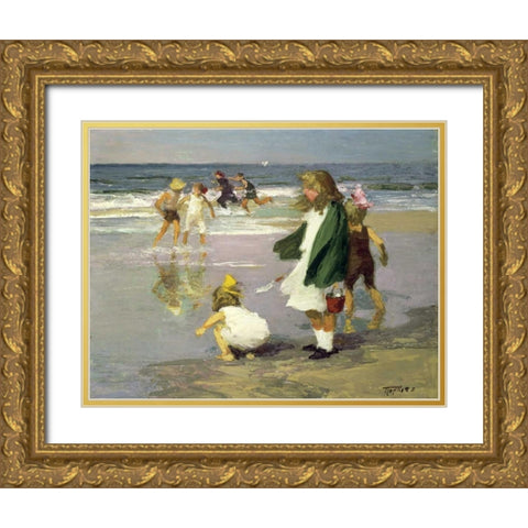 Play in the Surf Gold Ornate Wood Framed Art Print with Double Matting by Potthast, Edward Henry