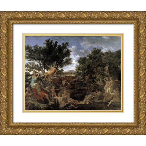 Apollo and Daphne Gold Ornate Wood Framed Art Print with Double Matting by Poussin, Nicolas