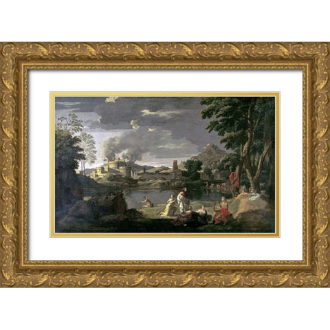 Orpheus and Eurydice Gold Ornate Wood Framed Art Print with Double Matting by Poussin, Nicolas