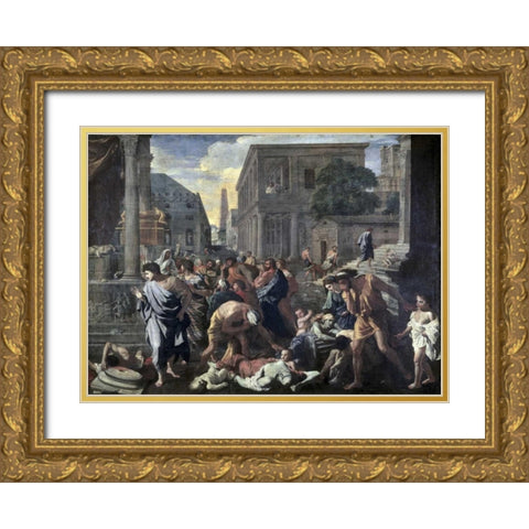 Plague On Ashdod In 1030 B.C. Gold Ornate Wood Framed Art Print with Double Matting by Poussin, Nicolas