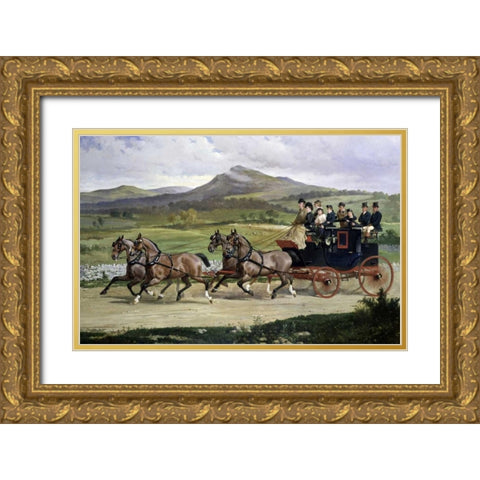 Coach and Four Horses On The Open Road Gold Ornate Wood Framed Art Print with Double Matting by De Prades, Alfred F.