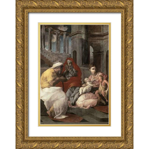 Holy Family With St. Elizabeth and John The Baptist Gold Ornate Wood Framed Art Print with Double Matting by Primaticcio, Francesco