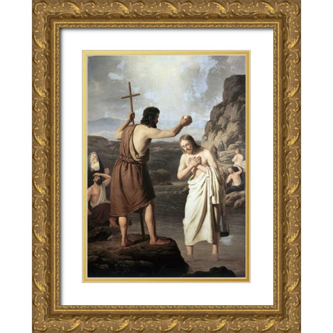 Baptism of Jesus Gold Ornate Wood Framed Art Print with Double Matting by Raadsig, Johan Peter