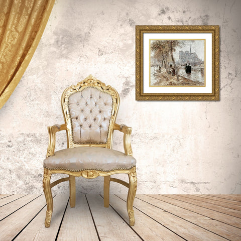 Notre Dame De Paris Gold Ornate Wood Framed Art Print with Double Matting by Raffaelli, Jean-Francois