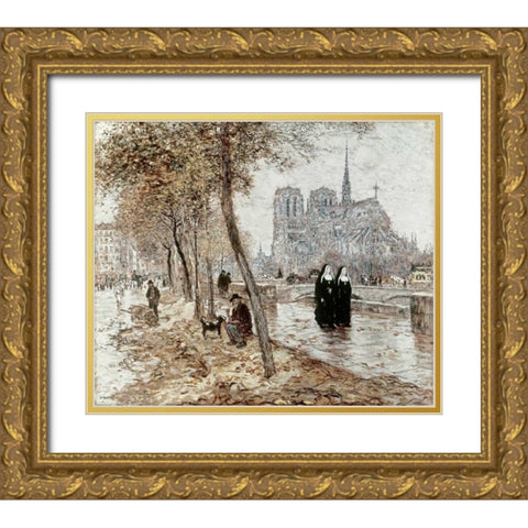 Notre Dame De Paris Gold Ornate Wood Framed Art Print with Double Matting by Raffaelli, Jean-Francois