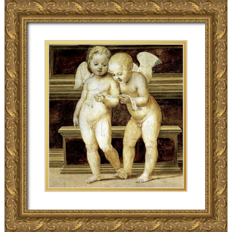 Madonna of The Canopy (Detail of Angels) Gold Ornate Wood Framed Art Print with Double Matting by Raphael