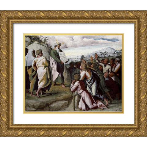 Moses Presenting The Ten Commandments Gold Ornate Wood Framed Art Print with Double Matting by Raphael