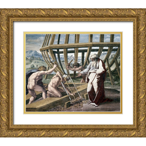 Noah Building The Ark Gold Ornate Wood Framed Art Print with Double Matting by Raphael