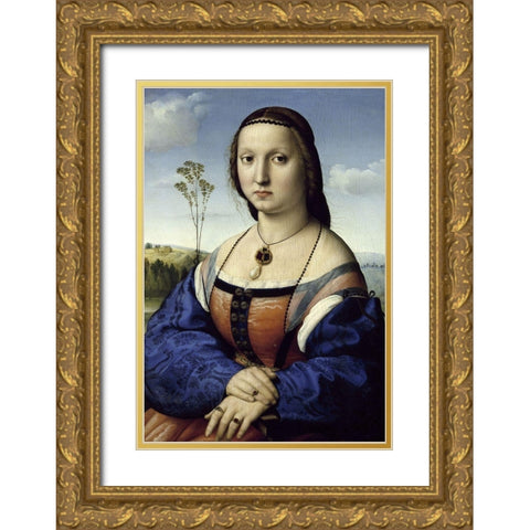 Portrait of Maddalena Strozzi Doni Gold Ornate Wood Framed Art Print with Double Matting by Raphael