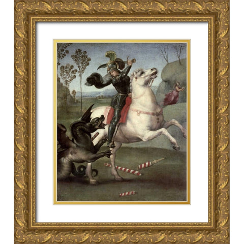 St. George Fighting The Dragon Gold Ornate Wood Framed Art Print with Double Matting by Raphael