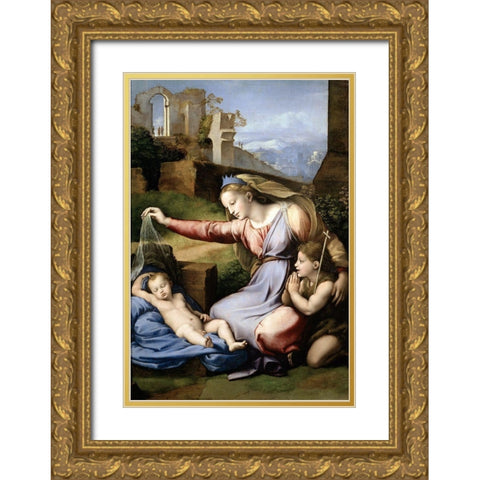 Virgin With The Veil Gold Ornate Wood Framed Art Print with Double Matting by Raphael