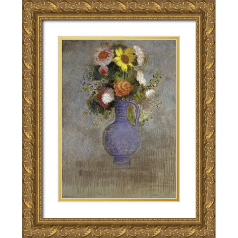 Bouquet in a Blue Vase Gold Ornate Wood Framed Art Print with Double Matting by Redon, Odilon