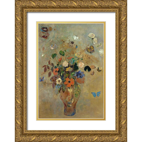 Bouquet of Flowers with Butterflies Gold Ornate Wood Framed Art Print with Double Matting by Redon, Odilion
