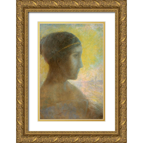 Head of a Young Woman in Profile Gold Ornate Wood Framed Art Print with Double Matting by Redon, Odilon