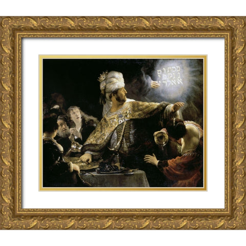 Belshazzars Feast Gold Ornate Wood Framed Art Print with Double Matting by Rembrandt Van Rijn,