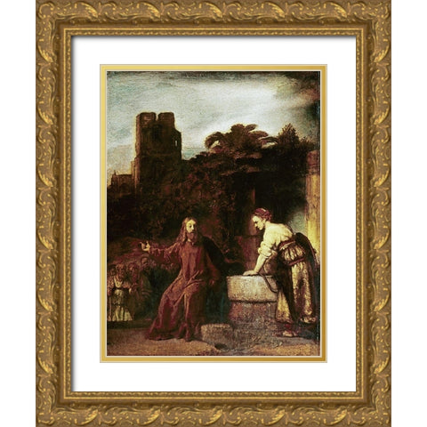 Christ and The Woman of Samaria Gold Ornate Wood Framed Art Print with Double Matting by Rembrandt Van Rijn,