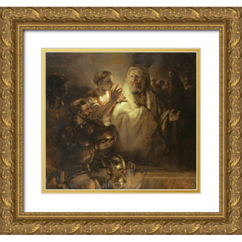 Denial of St Peter Gold Ornate Wood Framed Art Print with Double Matting by Rembrandt Van Rijn,