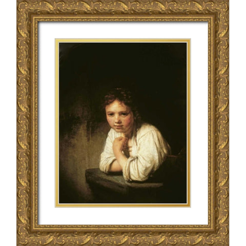 Girl at Window Gold Ornate Wood Framed Art Print with Double Matting by Van Rijn, Rembrandt