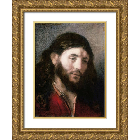 Head of Christ Gold Ornate Wood Framed Art Print with Double Matting by Rembrandt Van Rijn,