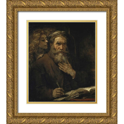 Saint Matthew and The Angel Gold Ornate Wood Framed Art Print with Double Matting by Van Rijn, Rembrandt