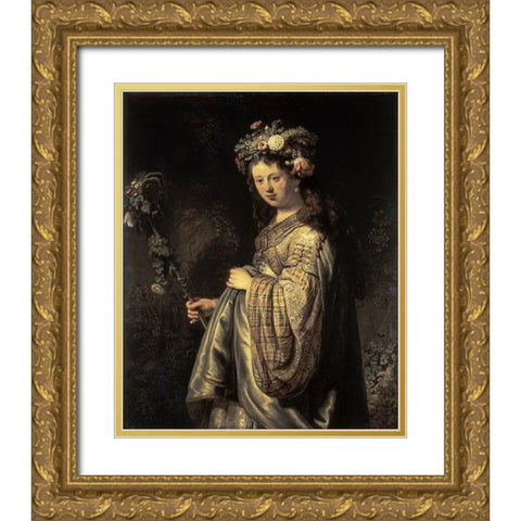 Saskia As Flora Gold Ornate Wood Framed Art Print with Double Matting by Rembrandt Van Rijn,