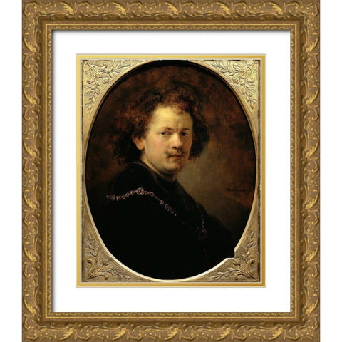 Self Portrait Bareheaded Gold Ornate Wood Framed Art Print with Double Matting by Rembrandt Van Rijn,