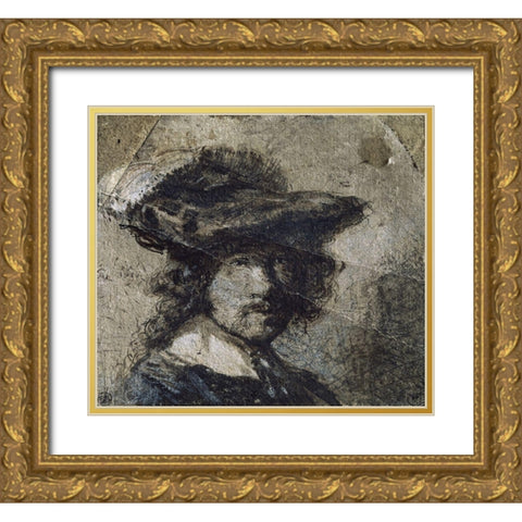 Self Portrait With Cap of Feathers and a Whitecollar - Study Gold Ornate Wood Framed Art Print with Double Matting by Rembrandt Van Rijn,