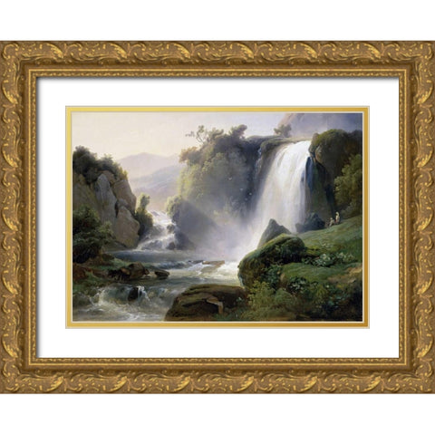 Tivoli Waterfall Gold Ornate Wood Framed Art Print with Double Matting by Redmond, Jean Charles Joseph